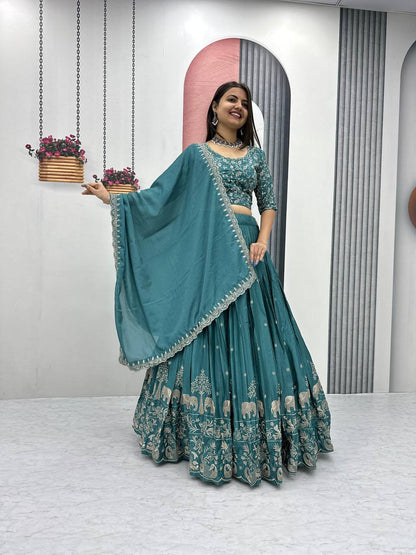 Women’s Chinon Embroidered Lehenga Choli Set with Dupatta