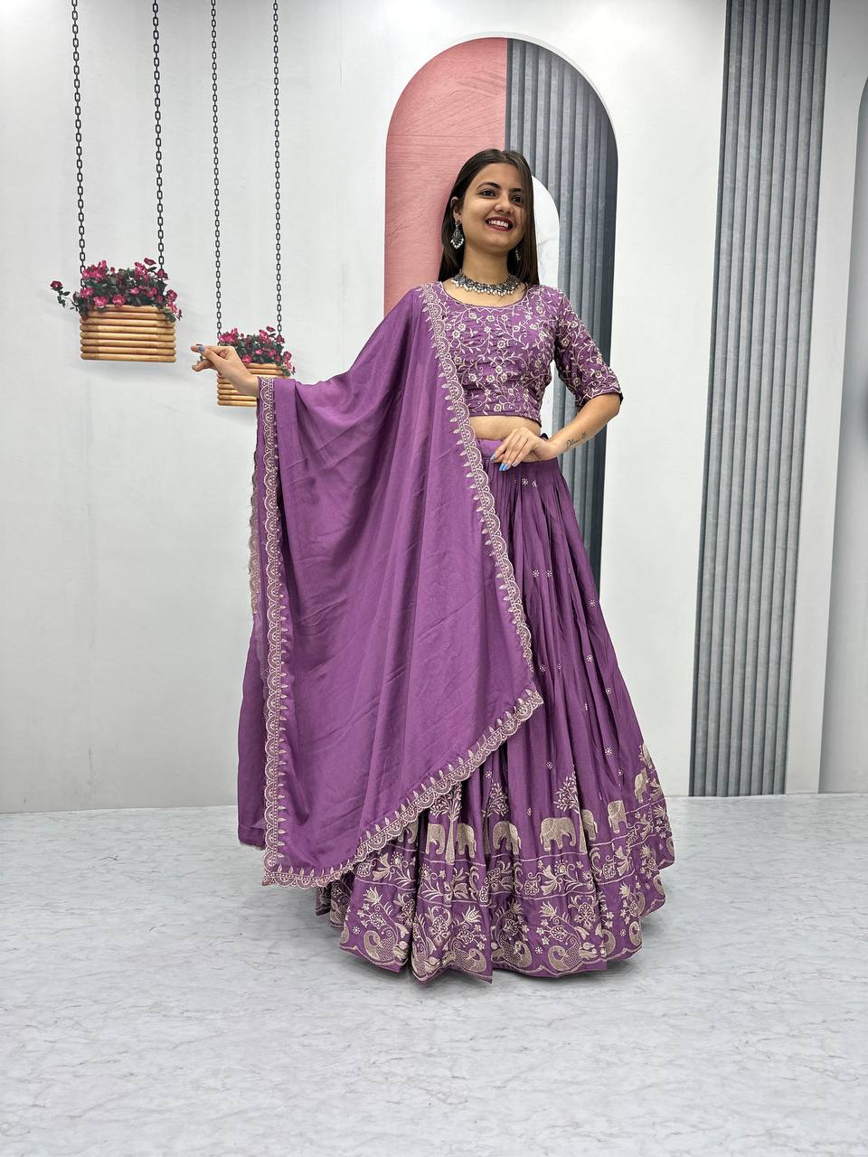 Women’s Chinon Embroidered Lehenga Choli Set with Dupatta